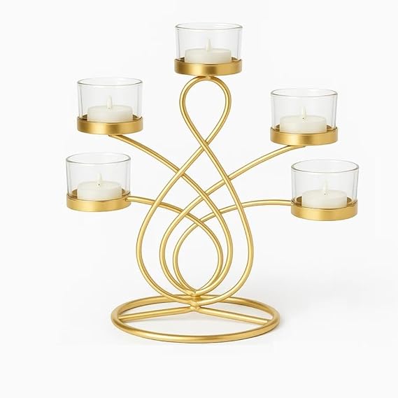 Elegant 5-Arm T-Light Candle Holder | Gold Metal Stand with Glass Cups | Home Décor Accent (Golden and Glass)