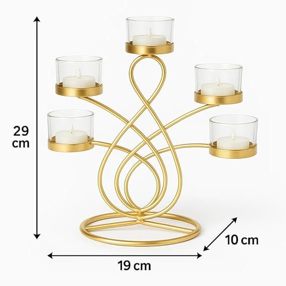 Elegant 5-Arm T-Light Candle Holder | Gold Metal Stand with Glass Cups | Home Décor Accent (Golden and Glass)