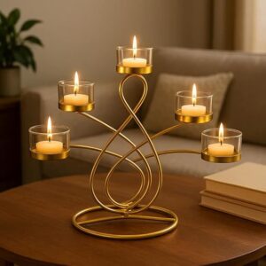 Elegant 5-Arm T-Light Candle Holder | Gold Metal Stand with Glass Cups | Home Décor Accent (Golden and Glass)