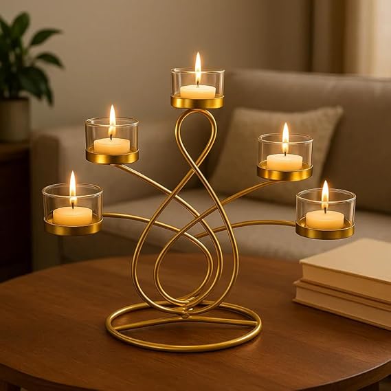 Elegant 5-Arm T-Light Candle Holder | Gold Metal Stand with Glass Cups | Home Décor Accent (Golden and Glass)