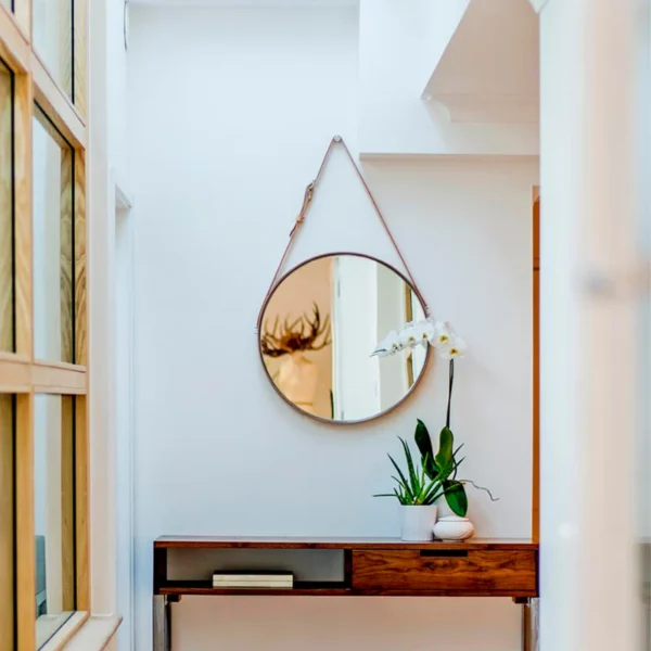 Handmade_Leather_Accent_Mirror Round Hanging Mirror with Leather Strap- Rose Gold