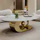 Low Height Profile Coffee Table Modern Center Table with Oval Faux Marble Top and Sculptural Stainless Steel Base