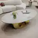 Low Height Profile Coffee Table Modern Center Table with Oval Faux Marble Top and Sculptural Stainless Steel Base