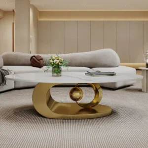 Low Height Profile Coffee Table Modern Center Table with Oval Faux Marble Top and Sculptural Stainless Steel Base