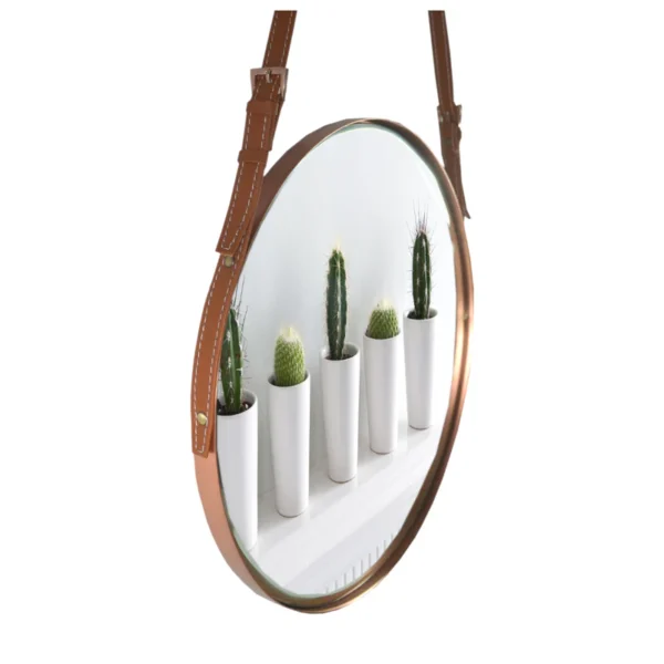 Minimalist_Leather_Round_Mirror Round Hanging Mirror with Leather Strap- Rose Gold